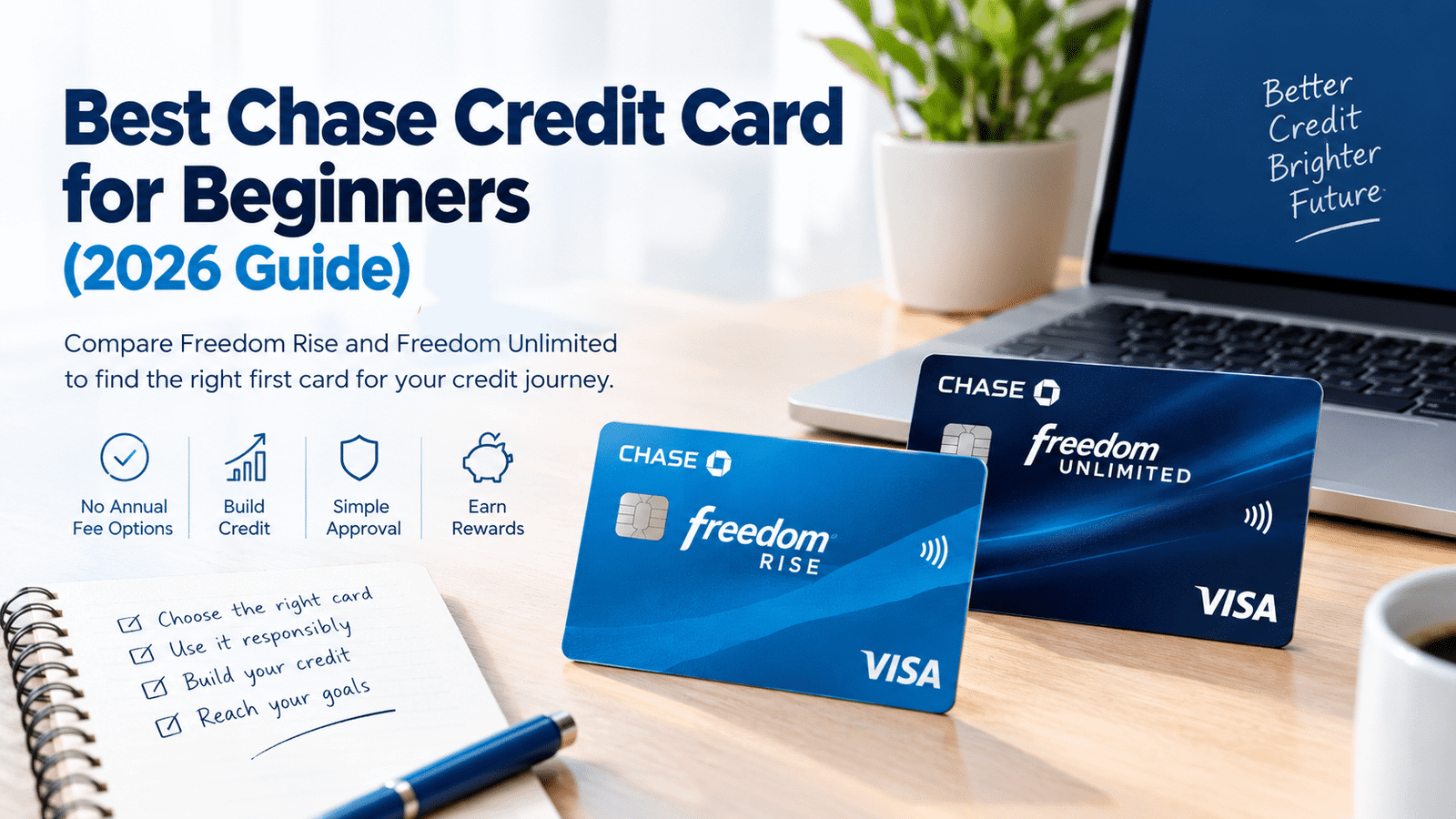 Chase credit card concept for beginners, featuring a credit card, financial planning, and a simple guide to choosing a starter card in 2026.