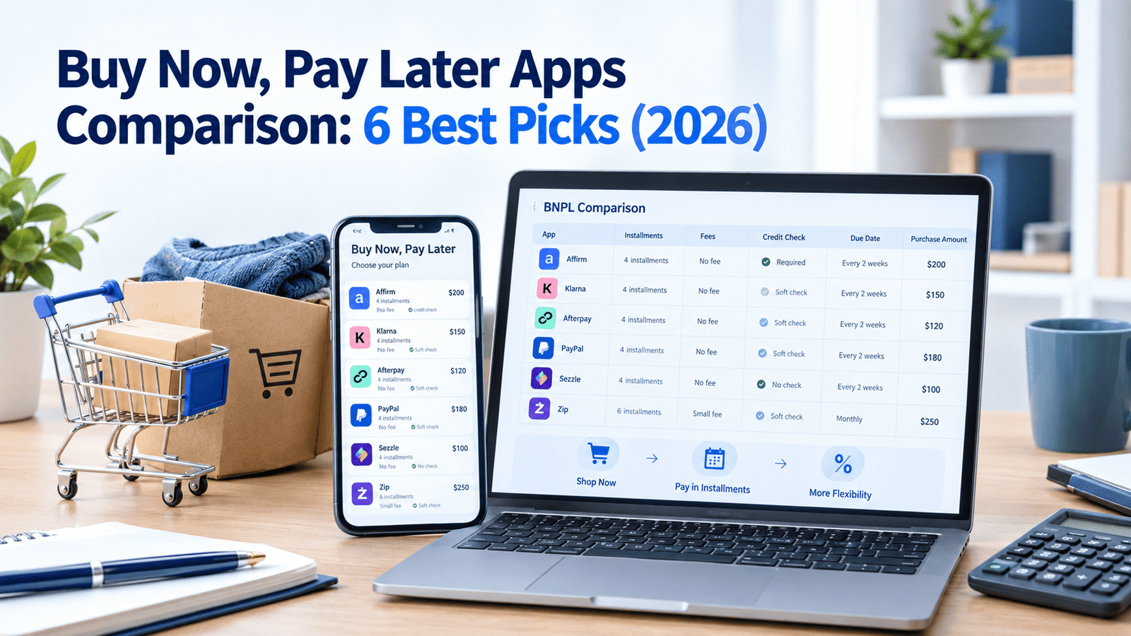 Comparison of six buy now, pay later apps for 2026, highlighting flexible payment options, installment plans, and digital shopping.